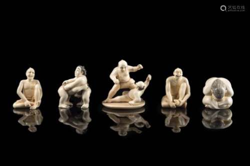 Five ivory netsukes depicting sumo wrestler, signedJapan, Meiji period (1868-1912)(h. max 5 cm.)This