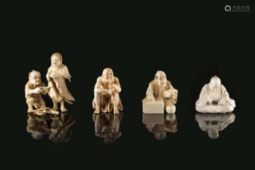 Four ivory netsukes, one not signedJapan, Meiji period (1868-1912)(h. max 5 cm.)This lot may be