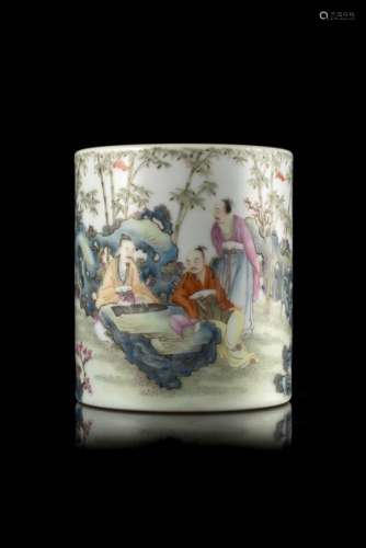 A Famille Rose cylindrical brushpot decorated with sages in a bamboo groveChina, 20th century(h. 8.5