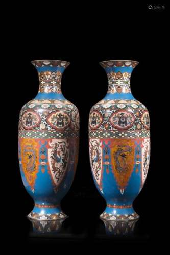 A pair of cloisonnÃ¨ enamel vases decorated with archaistic and geometric motifs (slight defects)
