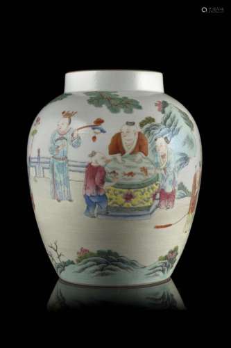 A Famille Rose porcelain potiche decorated with boys at play in a garden, apocryphal Qianlong mark