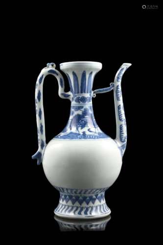 A blue and white porcelain ewer, decorated with deer and cranes, with an apocryphal Xuande mark to