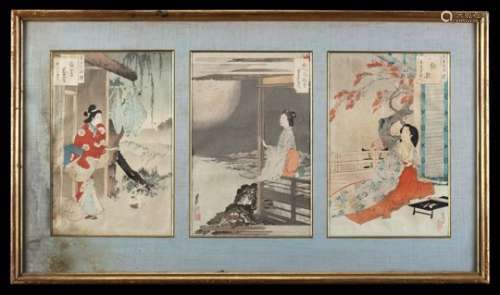 Three colours prints depicting ladies, one signed Gekko, framed (defects)Japan, late 19th century(