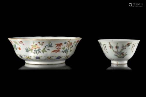 A Famille Rose bowl decorated with floral motifs, together with a small bowl with floral