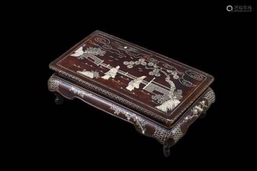 A wood low table with mother-of-pearl insets decorated with ladies under the moonlight and floral