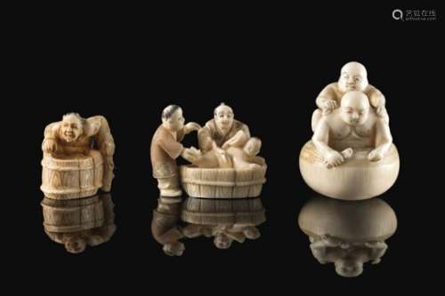Three ivory netsukes, signedJapan, Meiji period (1868-1912)(h. max 4 cm.)This lot may be subject