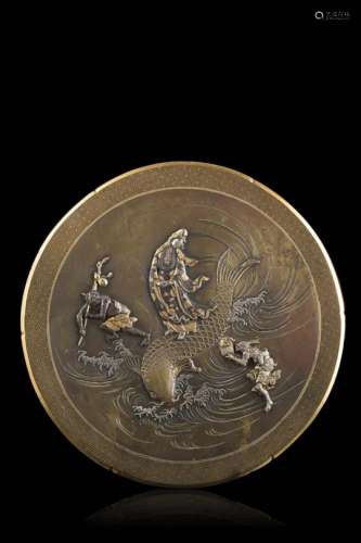 An inlaid bronze dish the centre decorated in gold, bronze, shibuichi and copper takazogan with