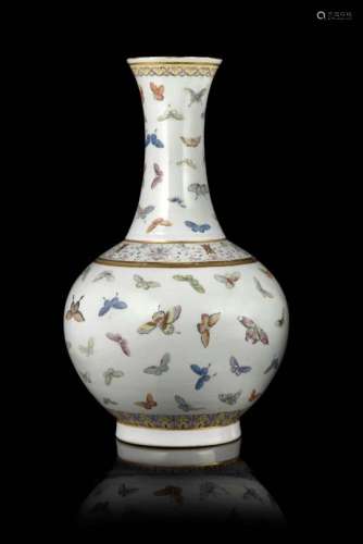 A Famille Rose Â‘hundred butterfliesÂ’ bottle vase with a globular body, rising from a straight foot