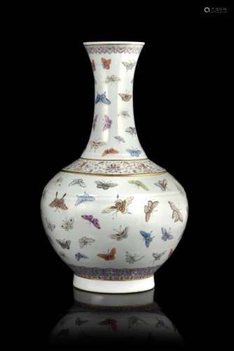 A Famille Rose Â‘hundred butterfliesÂ’ bottle vase with a globular body moulded with a raised fillet
