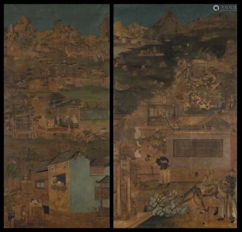 Two painted wallpaper panels, depicting a river and mountain landscape and figures by pavilions, ink