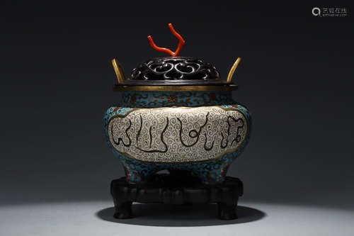 QIANLONG MARK GILT BRONZE CLOISONNE ARABIC LETTER CENSER