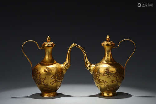 GILT BROZNE SHOU-LIE-TU  WINE POT IN PAIR