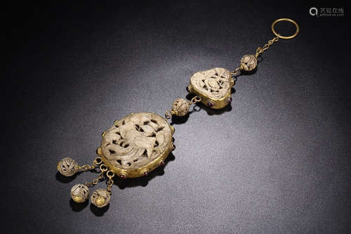 HETIAN JADE GILT BRONZE GEM INLAID PENDANT