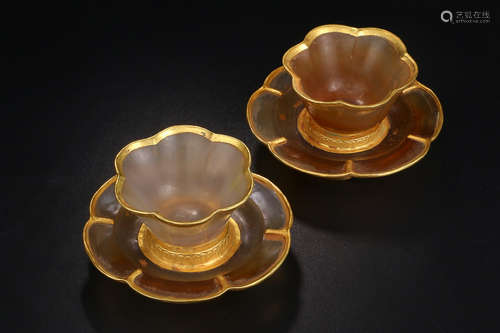 AMBER WITH GOLD INLAID SUNFLOWER BOWL IN PAIR