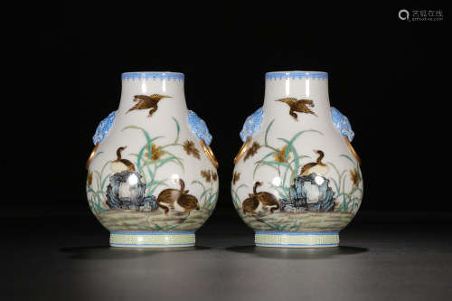 QIANLONG MARK ENAMEL ZUN VASE IN PAIR