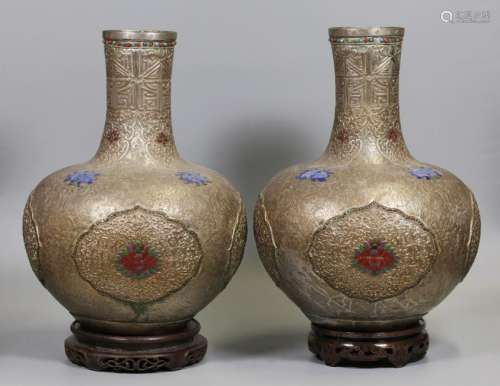 pair of Chinese Mongolian silver vases