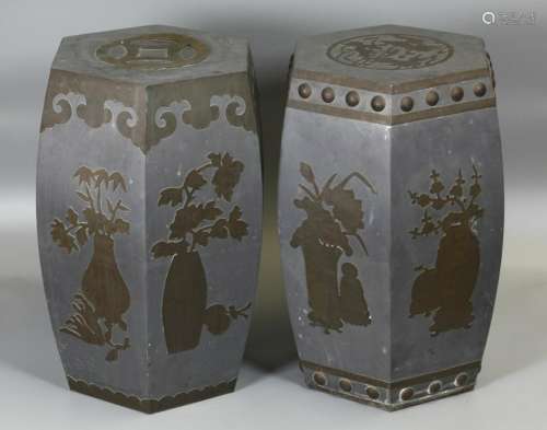 pair of Chinese pewter garden seats