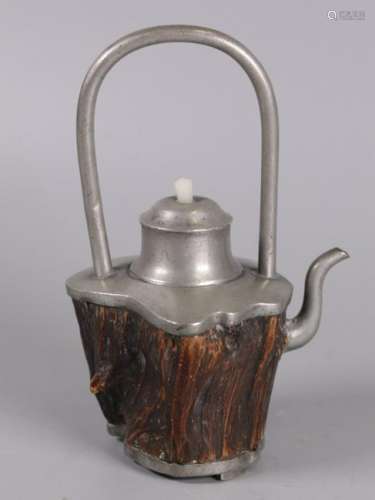 Chinese wood & pewter teapot, possibly 19th c.