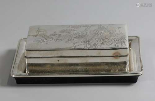 Japanese silver encased cigar box w/ tray