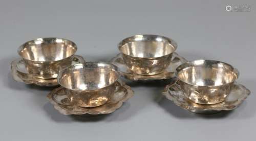 set of 4 Chinese silver cups & saucers, possibly 19th