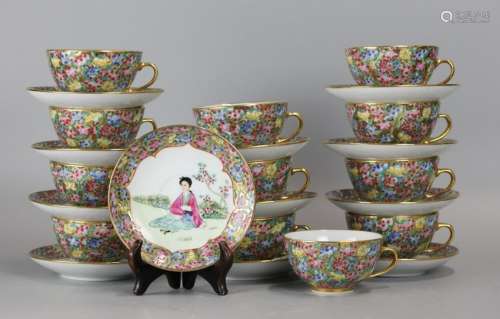 12 Chinese multicolor porcelain cups & saucers