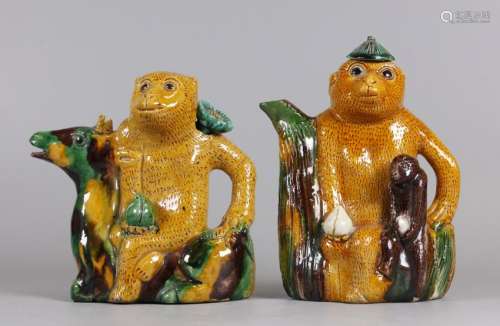 2 Chinese monkey form teapots, possibly 19th c.