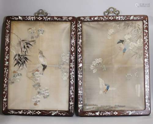 pair of framed Chinese embroideries, possibly 19th c.