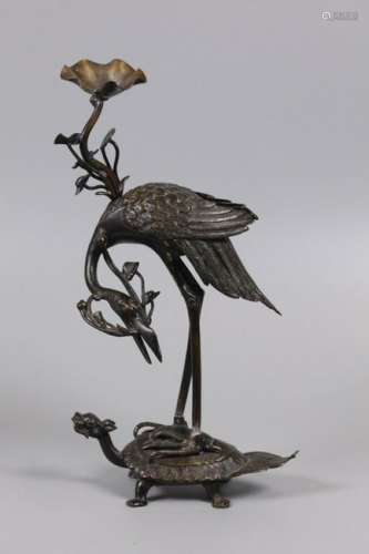 Chinese bronze crane form candle holder