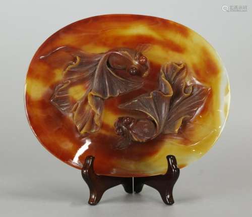 Chinese agate plate w/ gold fish motif in relief