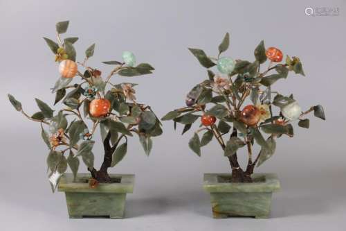 pair of Chinese jade/stone bonsai flower trees