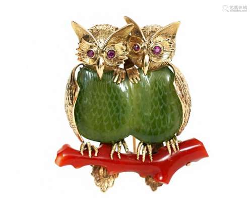 Whimsical Jade, Coral, Ruby & Gold Owl Brooch