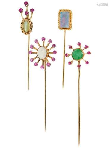 4 Assorted Stick Pins w/ Gemstones and 14K YG