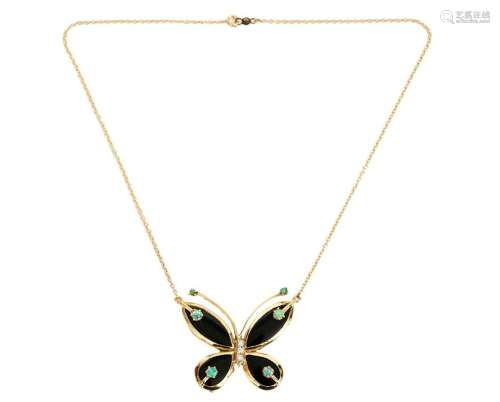 Diamond, Opal, Emerald, Onyx & Butterfly Necklace