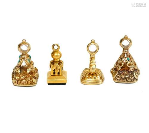 4 English Gold & Gem Stone Miniature Seal Fobs