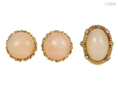 14kt Gold & Angel Skin Coral Ring and Earrings