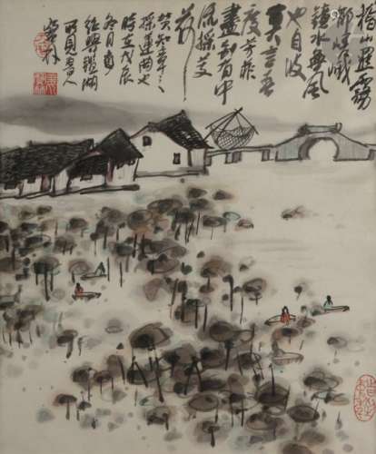Jiang BAOLING (1942 - ?) Encre noire sur papier, village dans un paysage. Encadrée sous verre. 75,