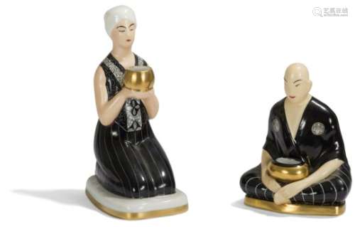 ROBJ PARIS - 2 ŒUVRES Bouddha Veilleuse brûle-parfum. Épreuve en porcelaine émaillée polychrome et