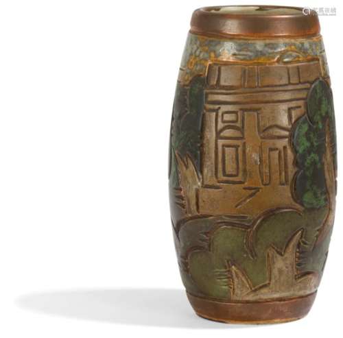 GRÈS MOUGIN NANCY & GOOR (XXe) CONCEPTION DU DÉCOR Paysage cubiste Vase obus. Épreuve en grès