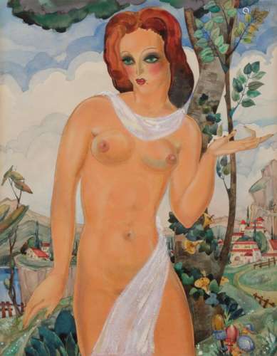 LUCIEN VIROT (1909-2003) Femme au paysage, 1941 Gouache, aquarelle et traits de crayon sur papier.