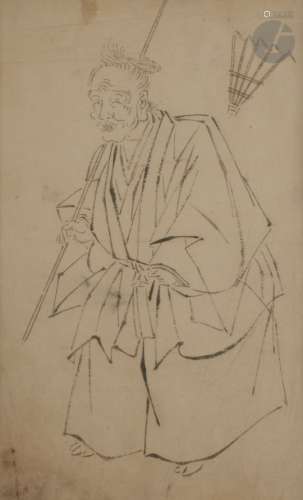Attribué à Hanabusa ITCHO (1652 - 1724) Jo debout avec un râteau et Okame à cheval Deux dessins à