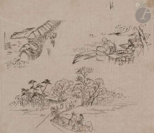 Utagawa HIROSHIGE (1797 - 1858) Paysages Deux croquis à l'encre sur papier. 17 x 20 cm Certificats