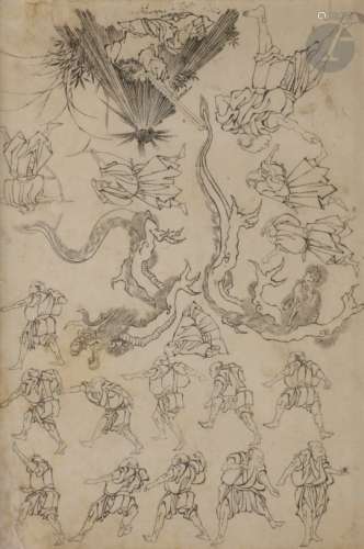 Ecole d'HOKUSAI Plusieurs personnages en mouvement, deux dragons et personnages avec fusil et arc