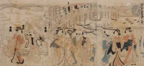 Shunsen KATSUKAWA (1762 - 1830) Triptyque oban tate-e, Edo hakkei no uchi, Nihon bashi, le pont de