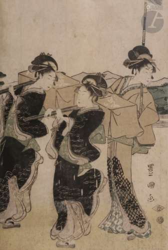 TOYOKUNI I (1769 - 1825) Oban yoko-e, pentaptyque, bijin et samouraï (Usures, pliures). Dim. à vue