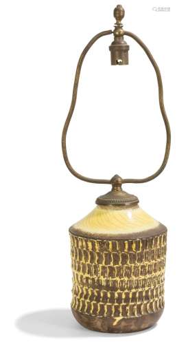 JEAN BESNARD (1889-1958) Pied de lampe cylindrique ou vase monté en lampe. Épreuve en faïence