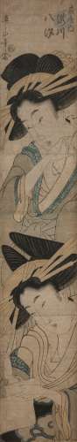 Kikukawa EIZAN (1787 - 1867) Hashira-e, deux oiran, l'une écrivant une lettre. Signé Eizan hitsu,