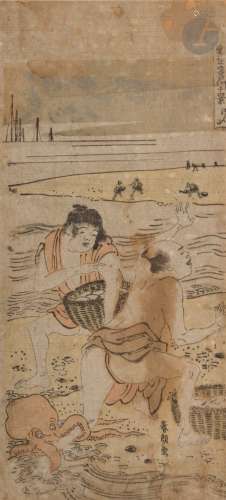 Deux oban tate-e, l'un par Shuncho (1726 - 1792), samouraï à cheval, l'autre par Hokusai (1760 -