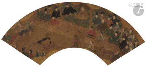 JAPON - Début Époque EDO (1603 - 1868) Projet d'éventail encre couleurs et feuille d'or sur papier