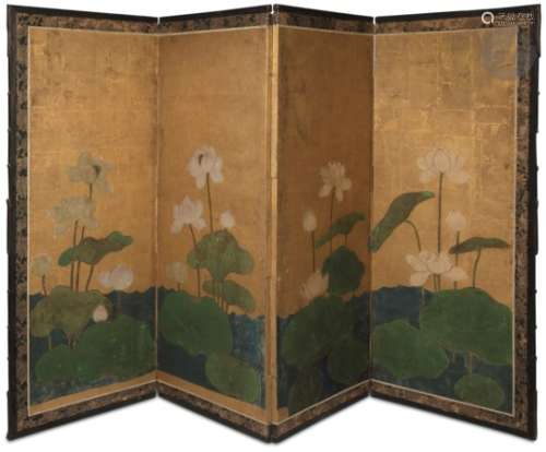 JAPON - Milieu Époque EDO (1603 - 1868) Paravent à quatre feuilles à la feuille d'or à décor de