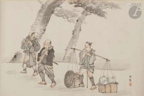 JAPON - Époque SHOWA (1926 - 1945) Encre sur papier, comprenant seize scènes quotidiennes, moines,